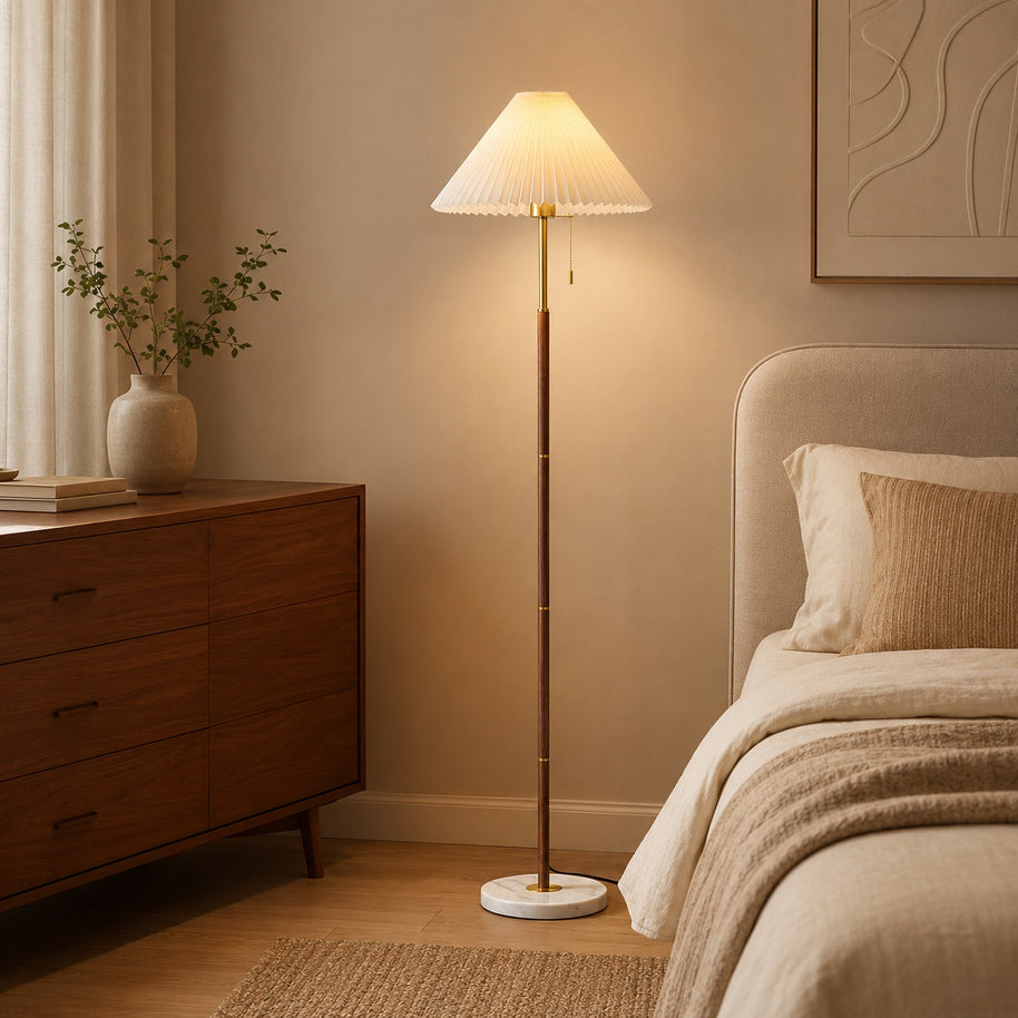 Maribel Vintage Pleated Floor Lamp - bedroom corner lifestyle image for Comvilo lighting