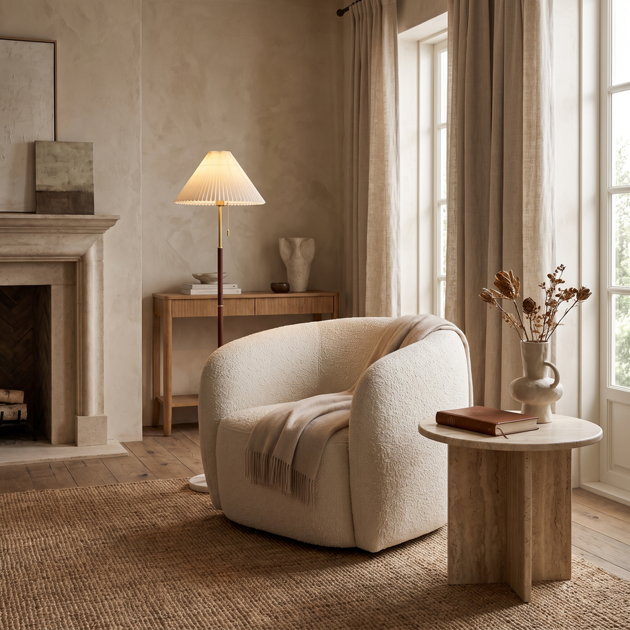 Maribel Vintage Pleated Floor Lamp in a premium Comvilo lifestyle interior — carousel lifestyle image 2