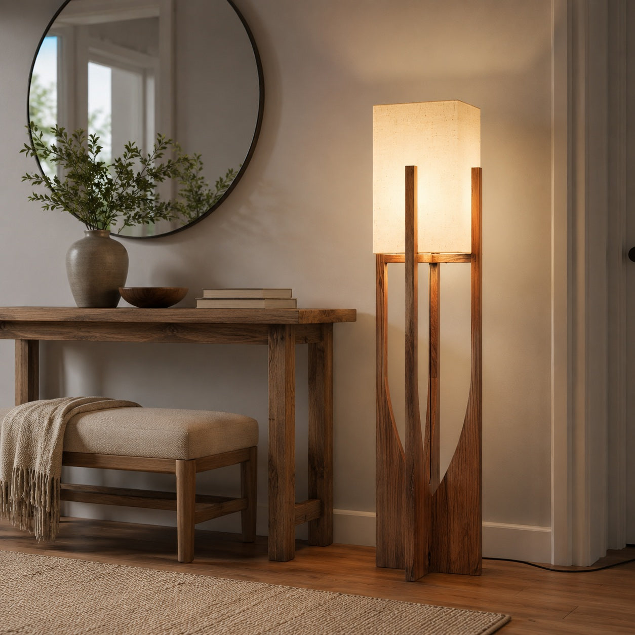 Cedarline Fairbanks Floor Lamp - entryway console lifestyle image for Comvilo lighting