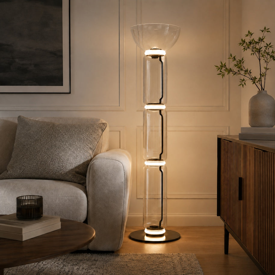 Clarion Bamboo Glass Floor Lamp - scale and placement image for Comvilo lighting