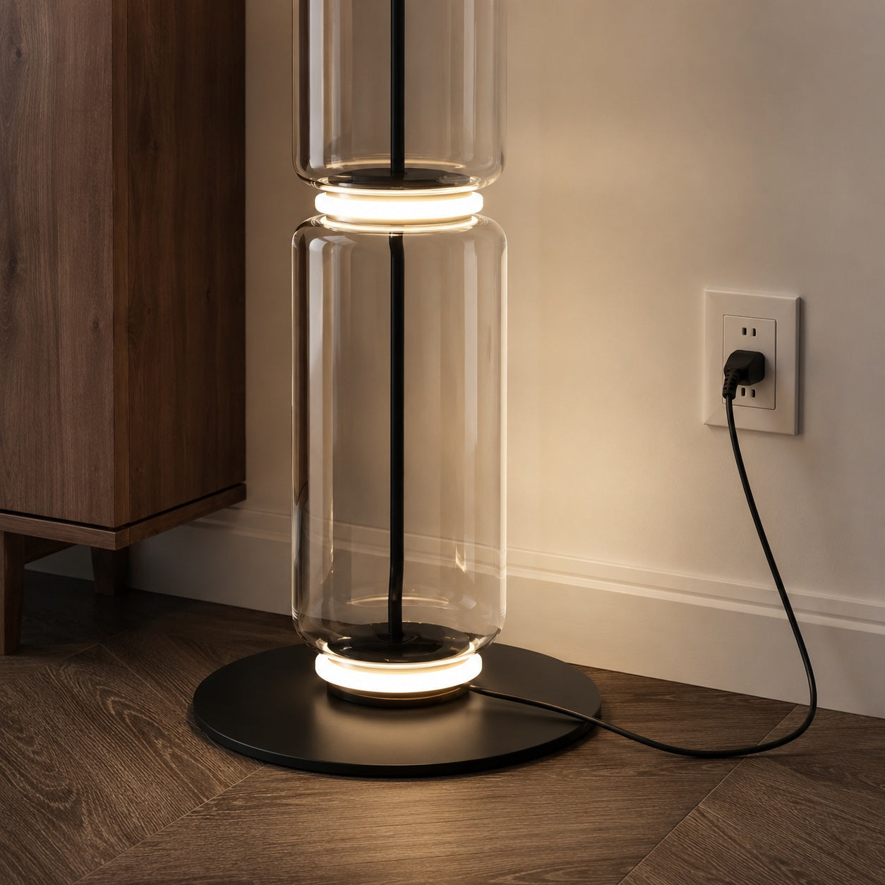 Clarion Bamboo Glass Floor Lamp - cord and base setup image for Comvilo lighting
