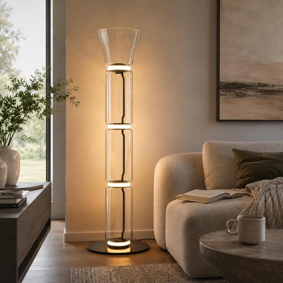 Clarion Bamboo Glass Floor Lamp - everyday lifestyle room image for Comvilo lighting