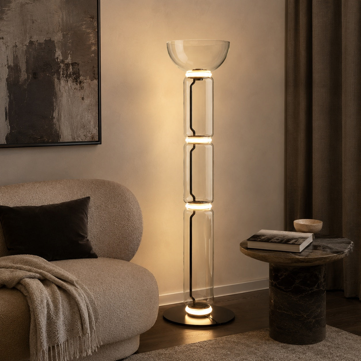 Clarion Bamboo Glass Floor Lamp - reading nook corner lifestyle image for Comvilo lighting