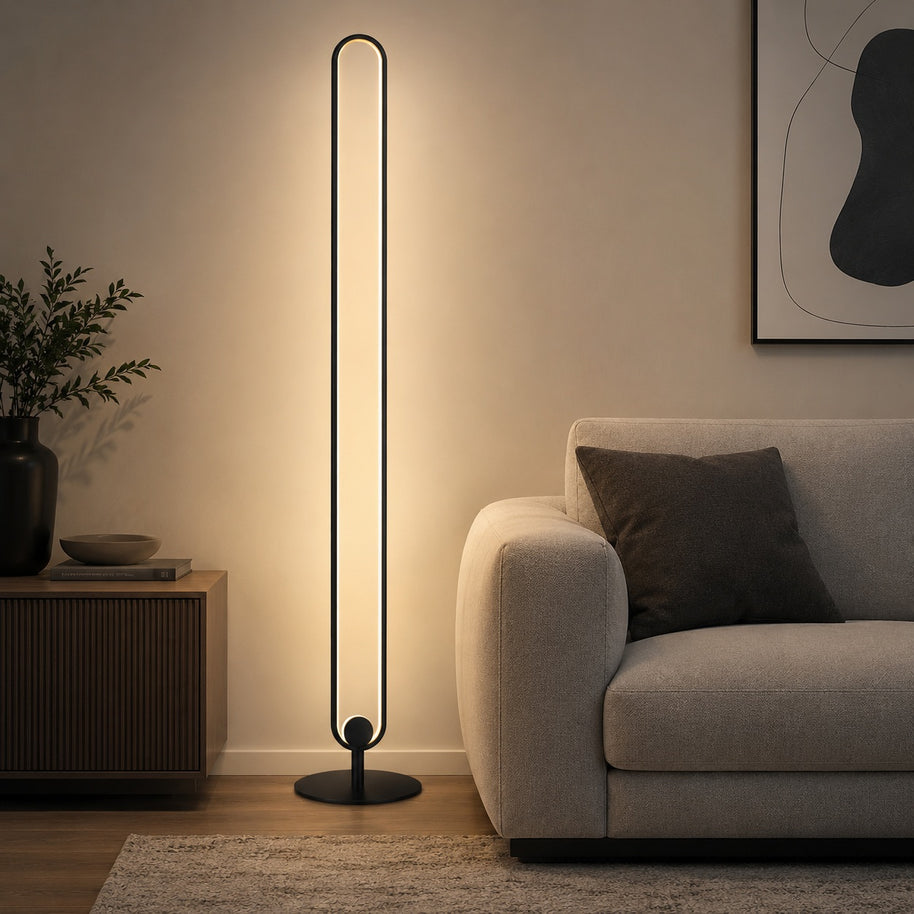 Haloform Modern Minimalist LED Standing Oval Floor Lamp - living room lifestyle image for Comvilo lighting