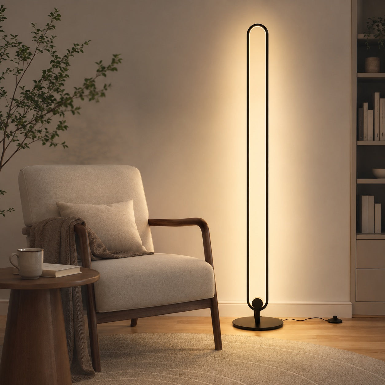 Haloform Modern Minimalist LED Standing Oval Floor Lamp - scale and placement image for Comvilo lighting