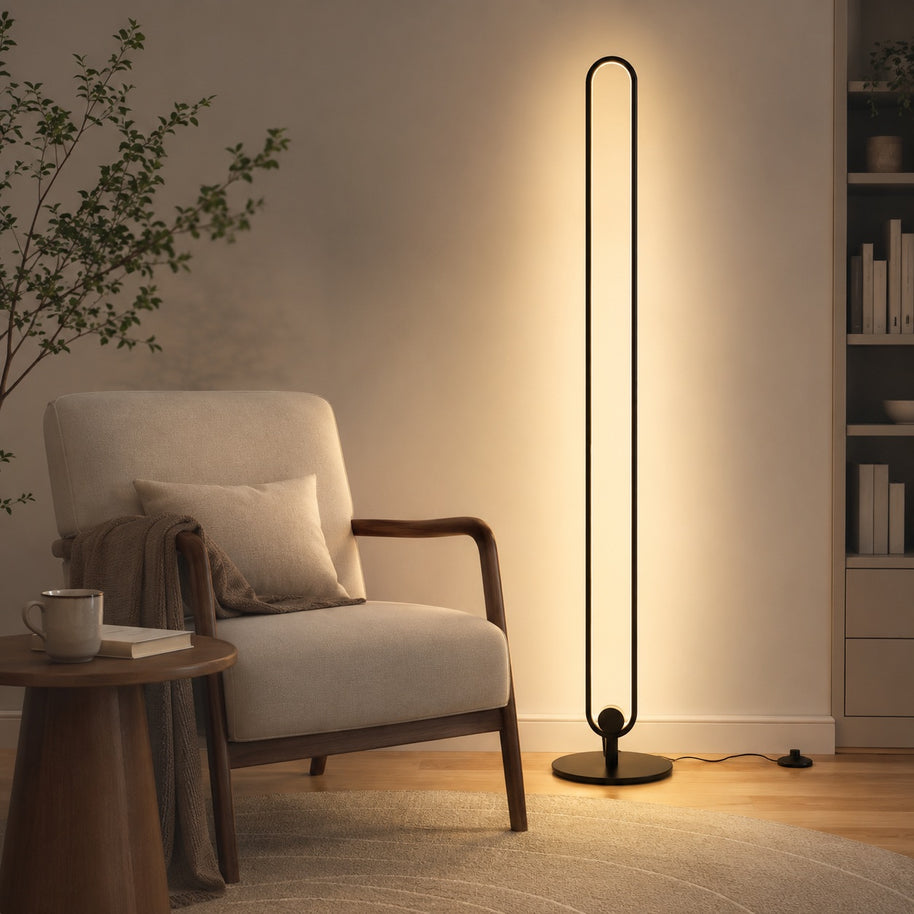 Haloform Modern Minimalist LED Standing Oval Floor Lamp - scale and placement image for Comvilo lighting