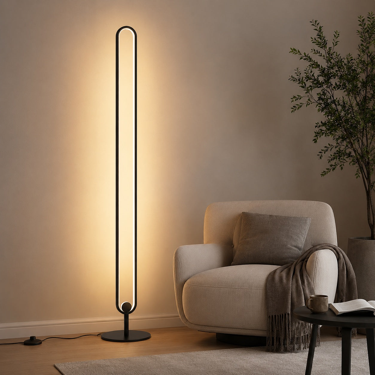 Haloform Modern Minimalist LED Standing Oval Floor Lamp - reading nook lifestyle image for Comvilo lighting