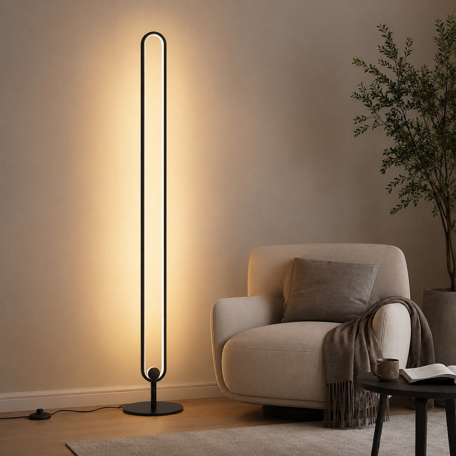 Haloform Modern Minimalist LED Standing Oval Floor Lamp - reading nook lifestyle image for Comvilo lighting