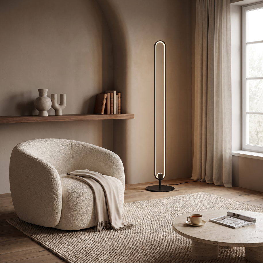 Haloform Modern Minimalist LED Standing Oval Floor Lamp in a premium Comvilo lifestyle interior — carousel lifestyle image 2