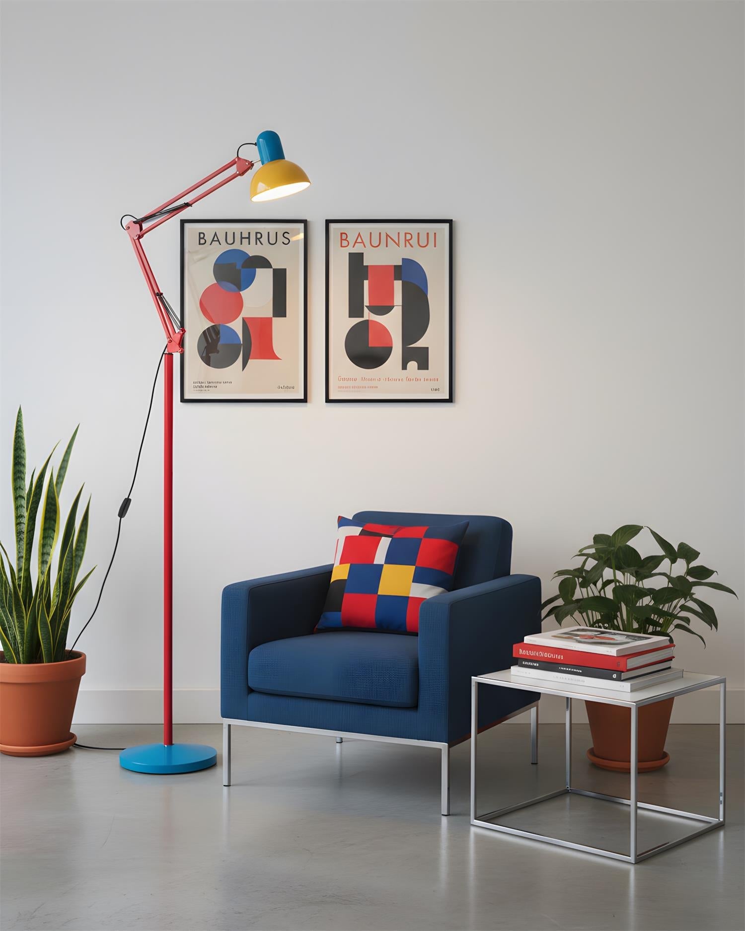 Adjustable floor lamp with a red arm, yellow shade and round blue base beside a blue armchair below two framed prints.