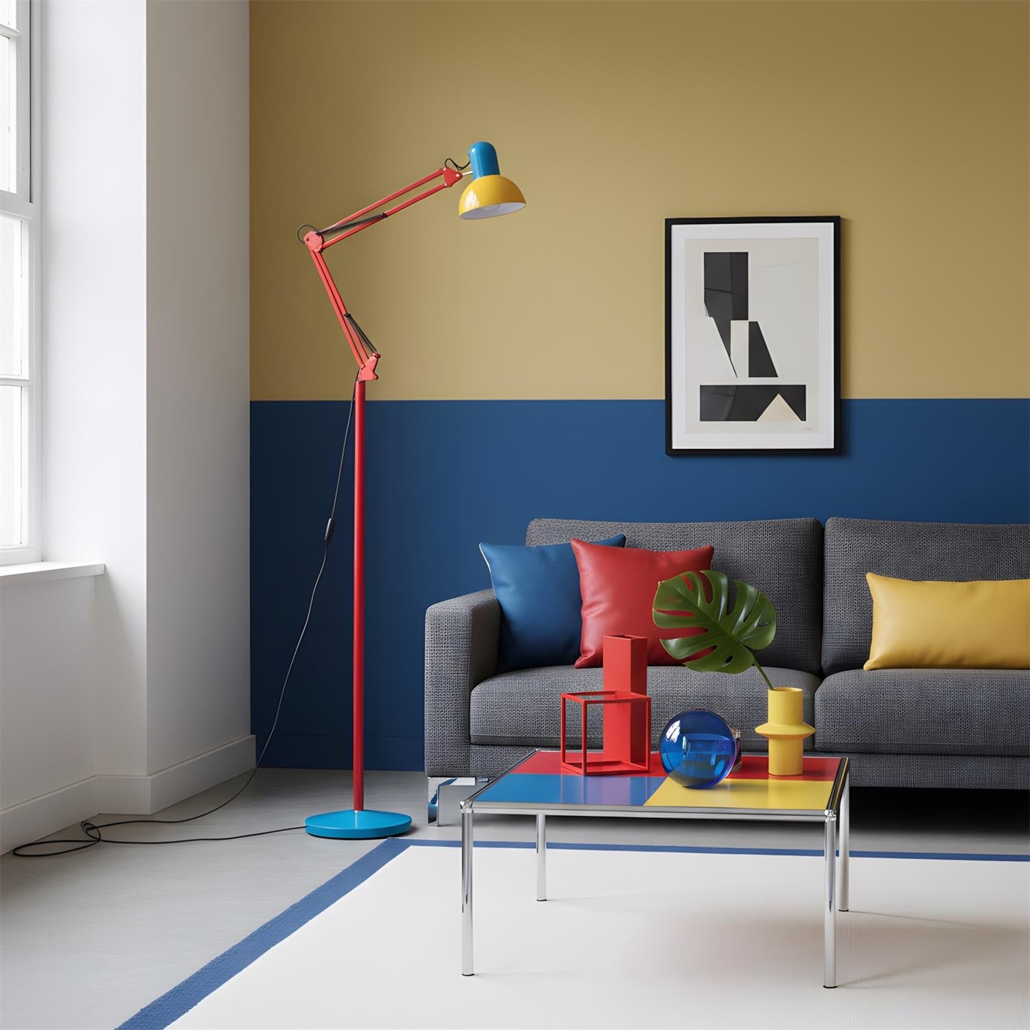 Adjustable floor lamp with a red arm, yellow shade and round blue base in a living room with a grey sofa and a two-tone wall.