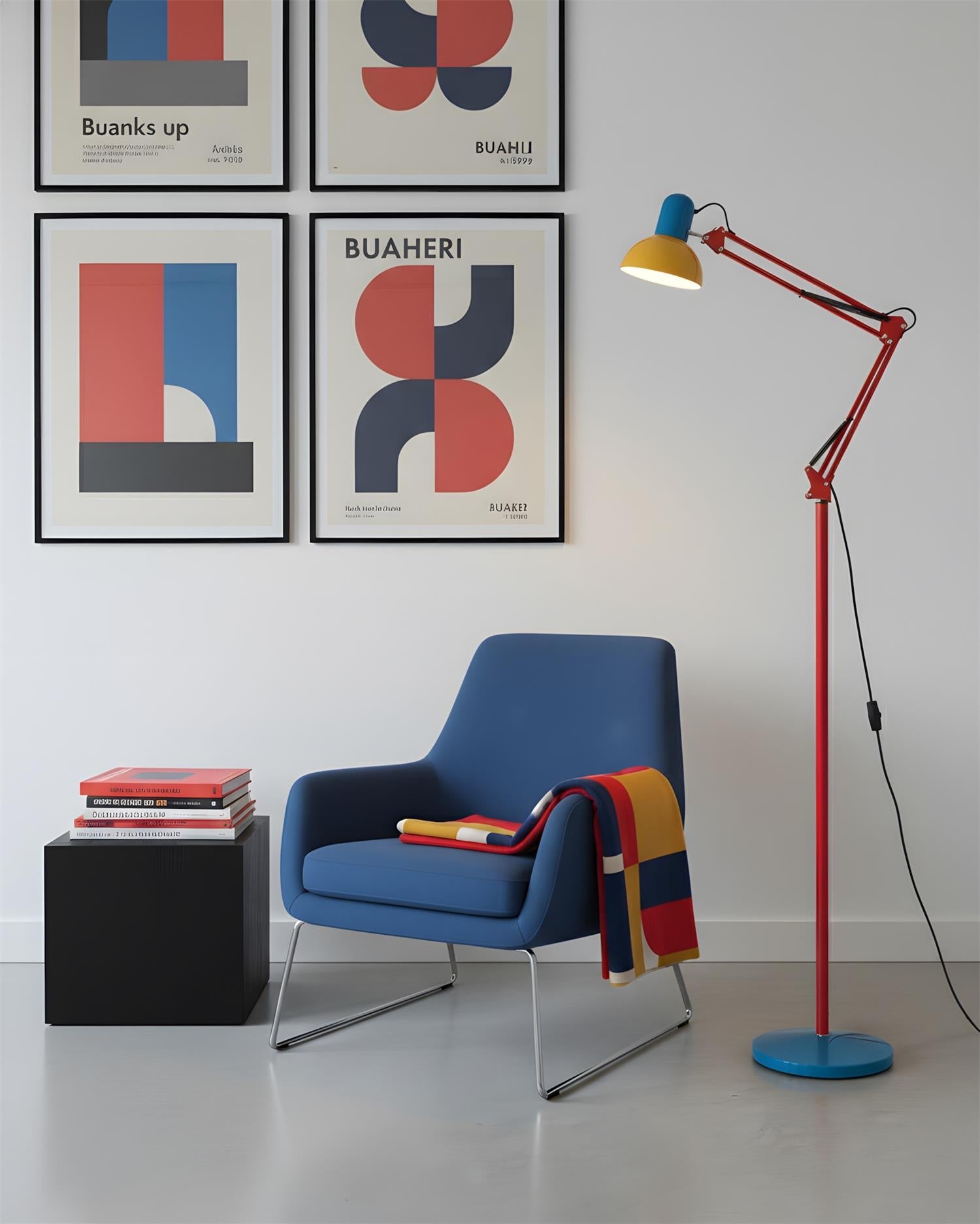 Adjustable floor lamp with a red arm, yellow shade and round blue base beside a blue armchair below framed posters.