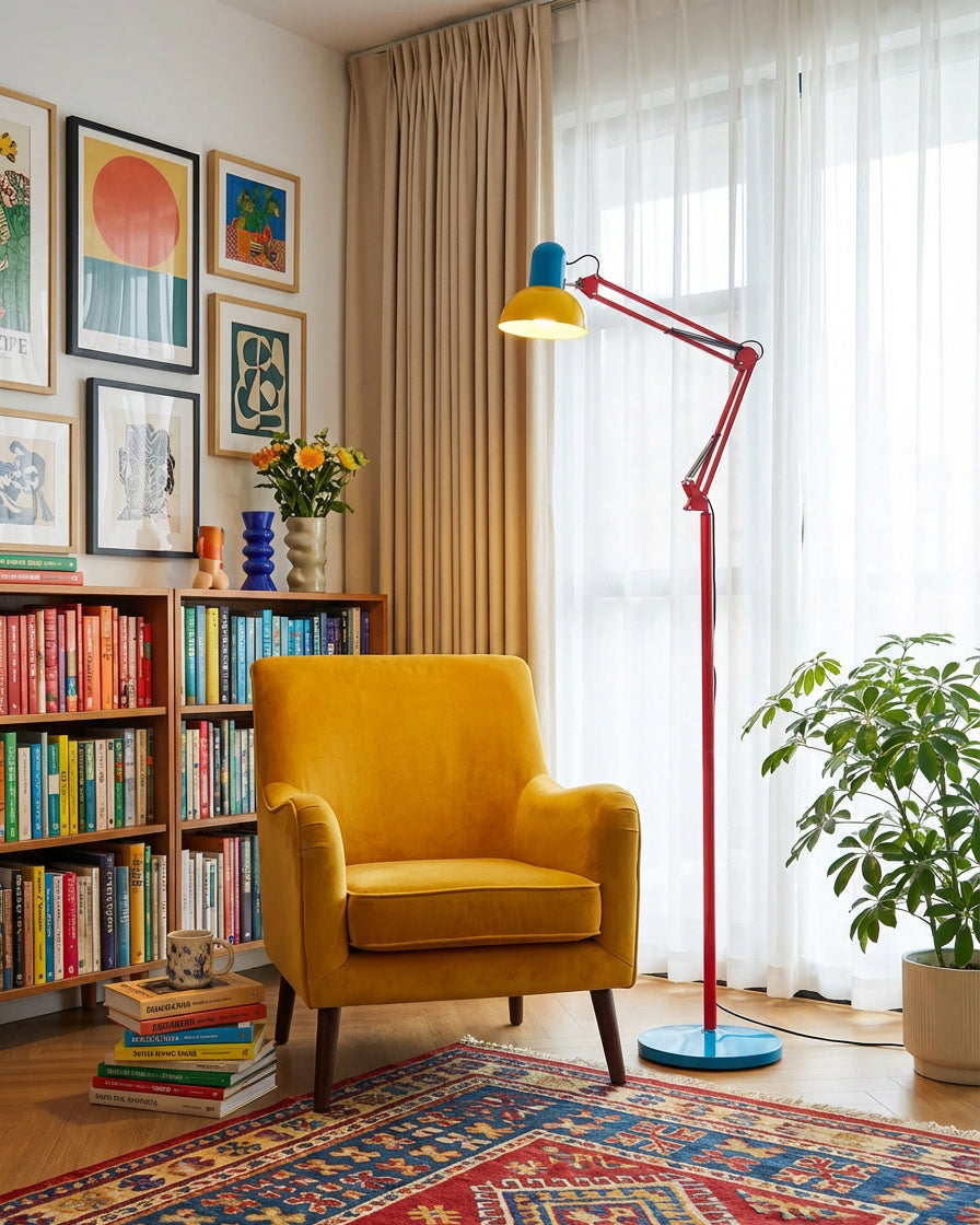 Adjustable floor lamp with a red arm, yellow shade and round blue base lit beside a yellow armchair and a bookshelf.