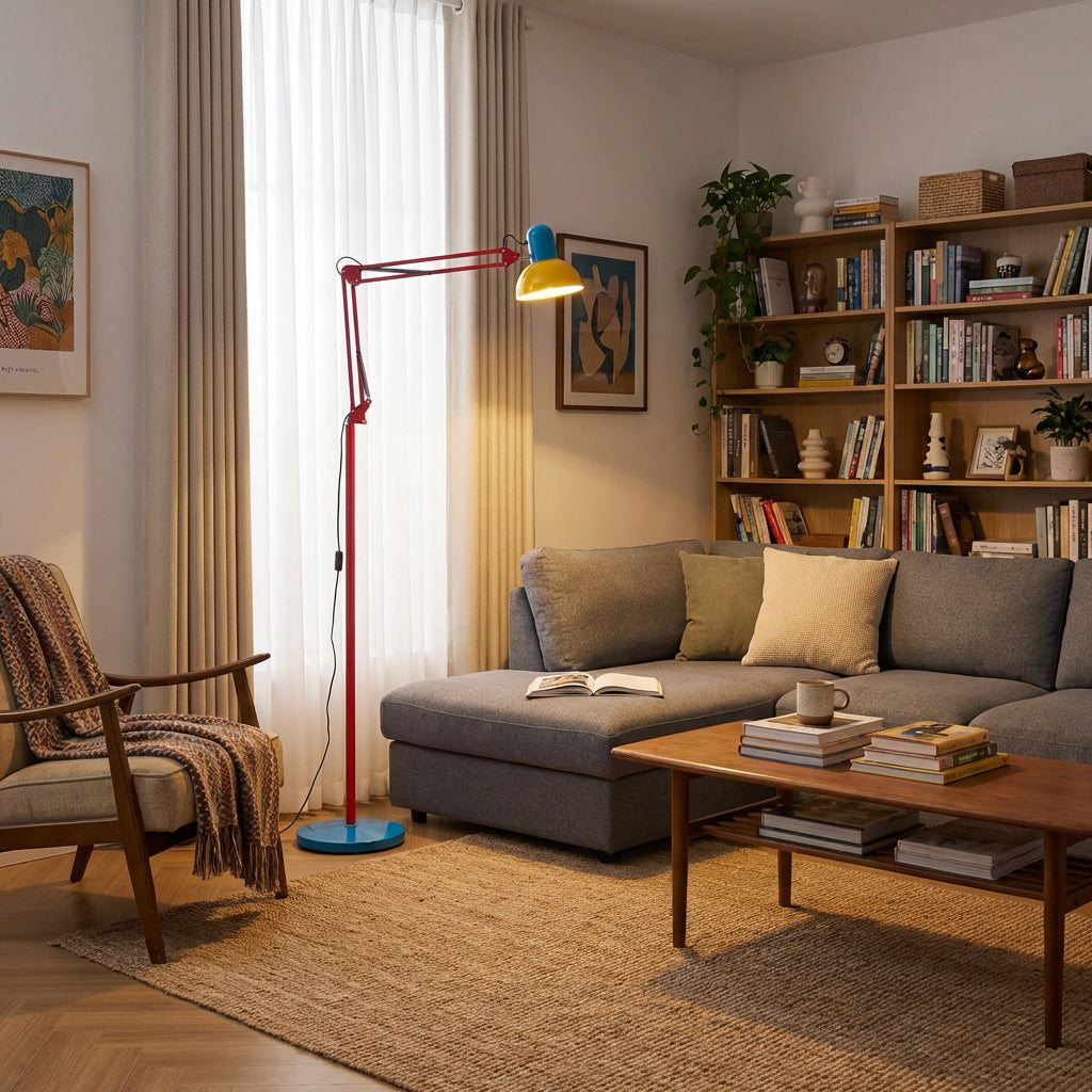 Adjustable floor lamp with a red arm, yellow shade and round blue base in a living room with a grey sofa and a bookcase.