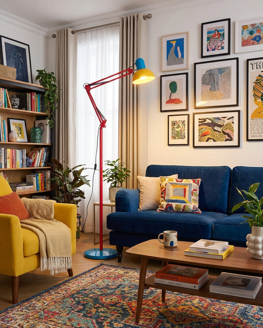 Adjustable floor lamp with a red arm, yellow shade and round blue base in a living room with a blue sofa, bookshelf and framed prints.