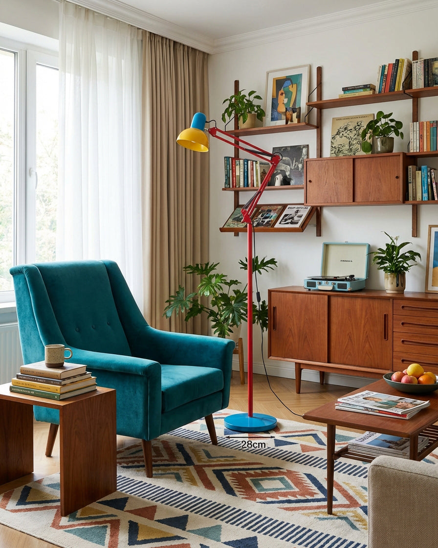 Adjustable floor lamp with a red arm, yellow shade and round blue base in a living room, with the base width marked as 28cm.