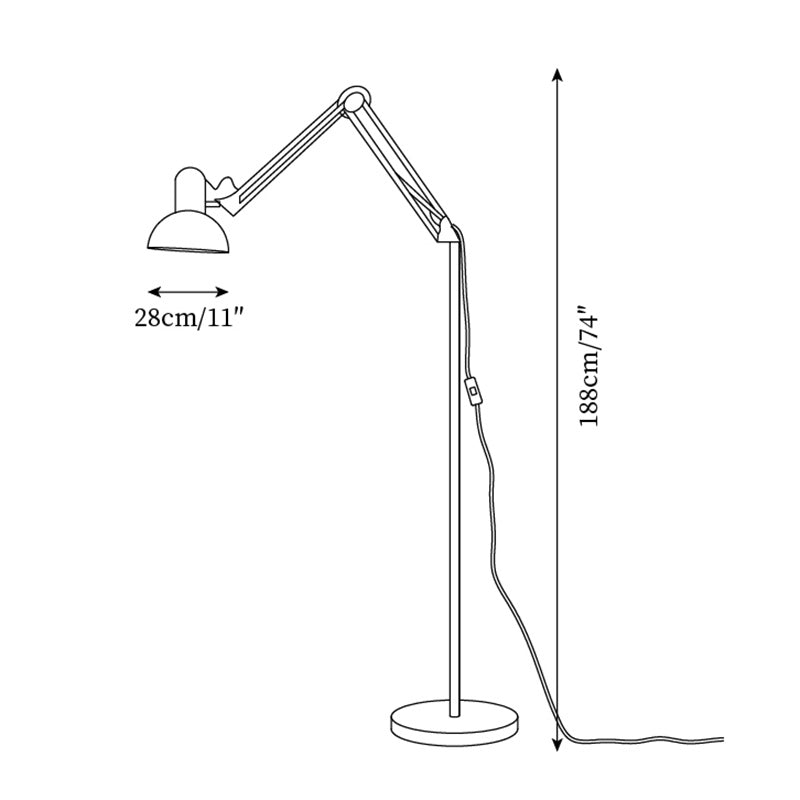 Line drawing of the floor lamp with its measurements, shade width 28cm / 11 inches and height 188cm / 74 inches.