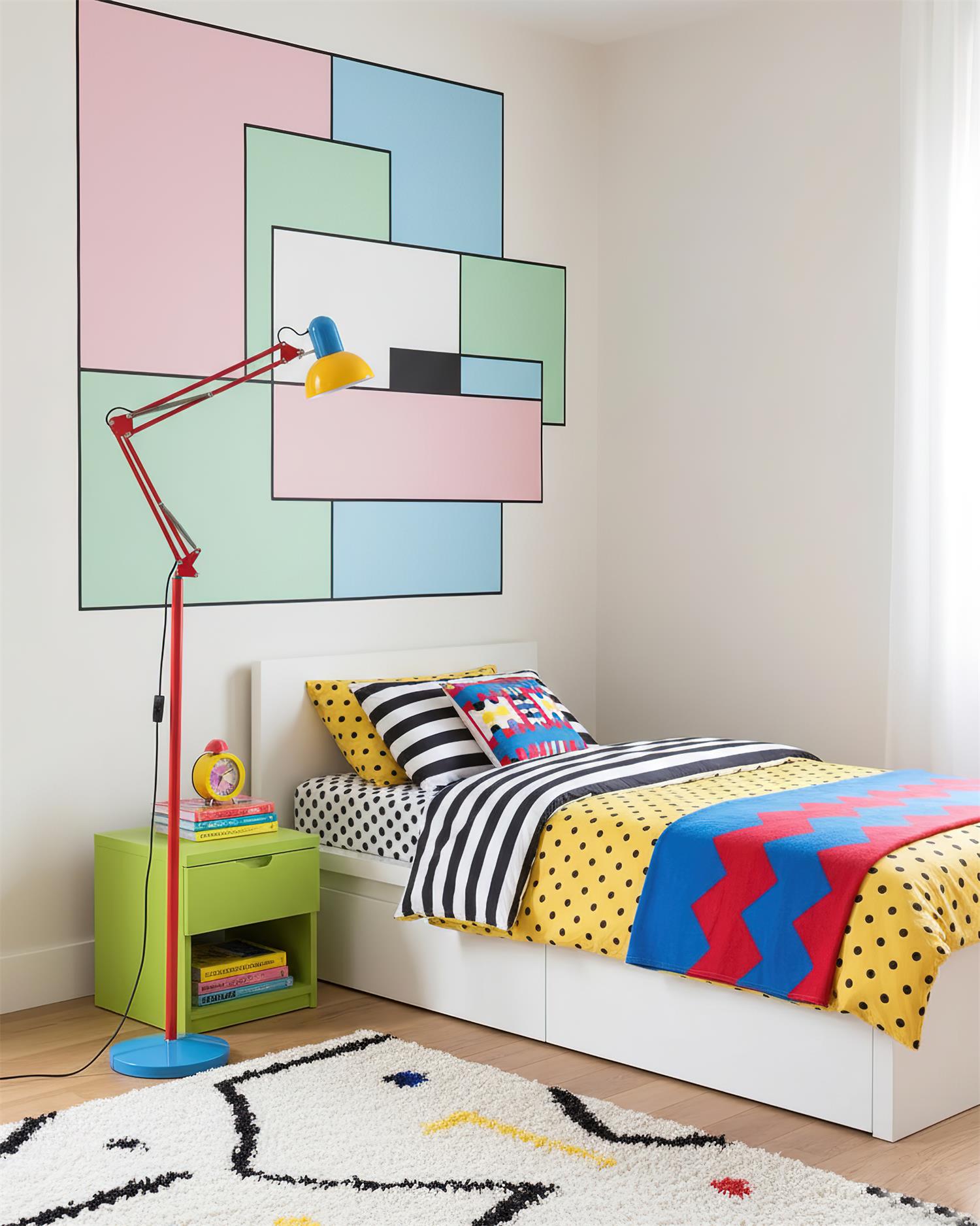Adjustable floor lamp with a red arm, yellow shade and round blue base beside a child's bed in a room with a pastel panelled wall.