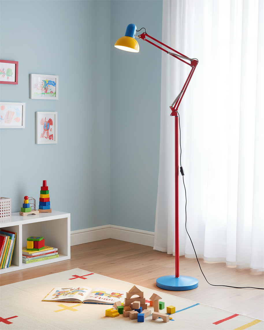 Adjustable floor lamp with a red arm, yellow shade and round blue base in a child's play corner beside a low shelf and toys.