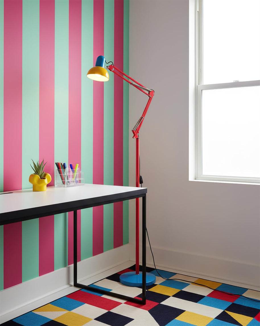Adjustable floor lamp with a red arm, yellow shade and round blue base beside a desk against a boldly striped wall.