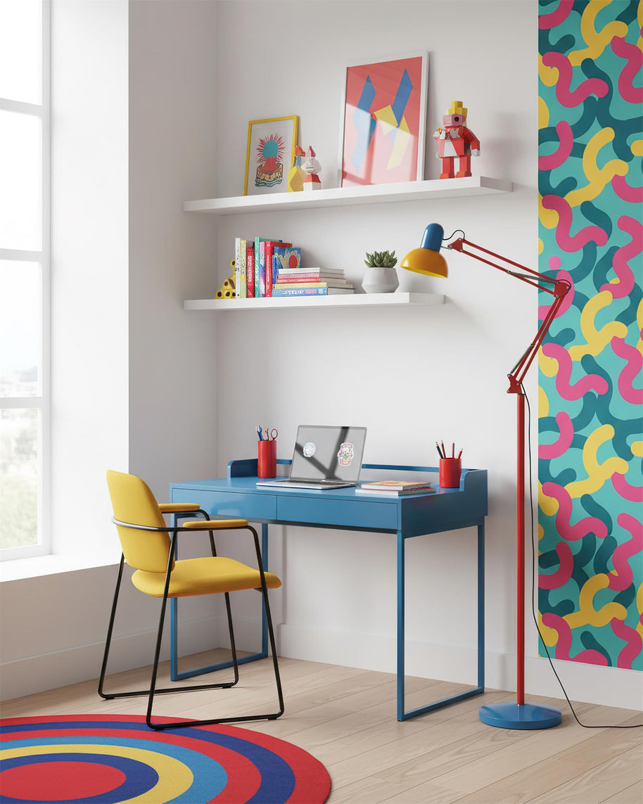Adjustable floor lamp with a red arm, yellow shade and round blue base in a home office with a blue desk and a yellow chair.