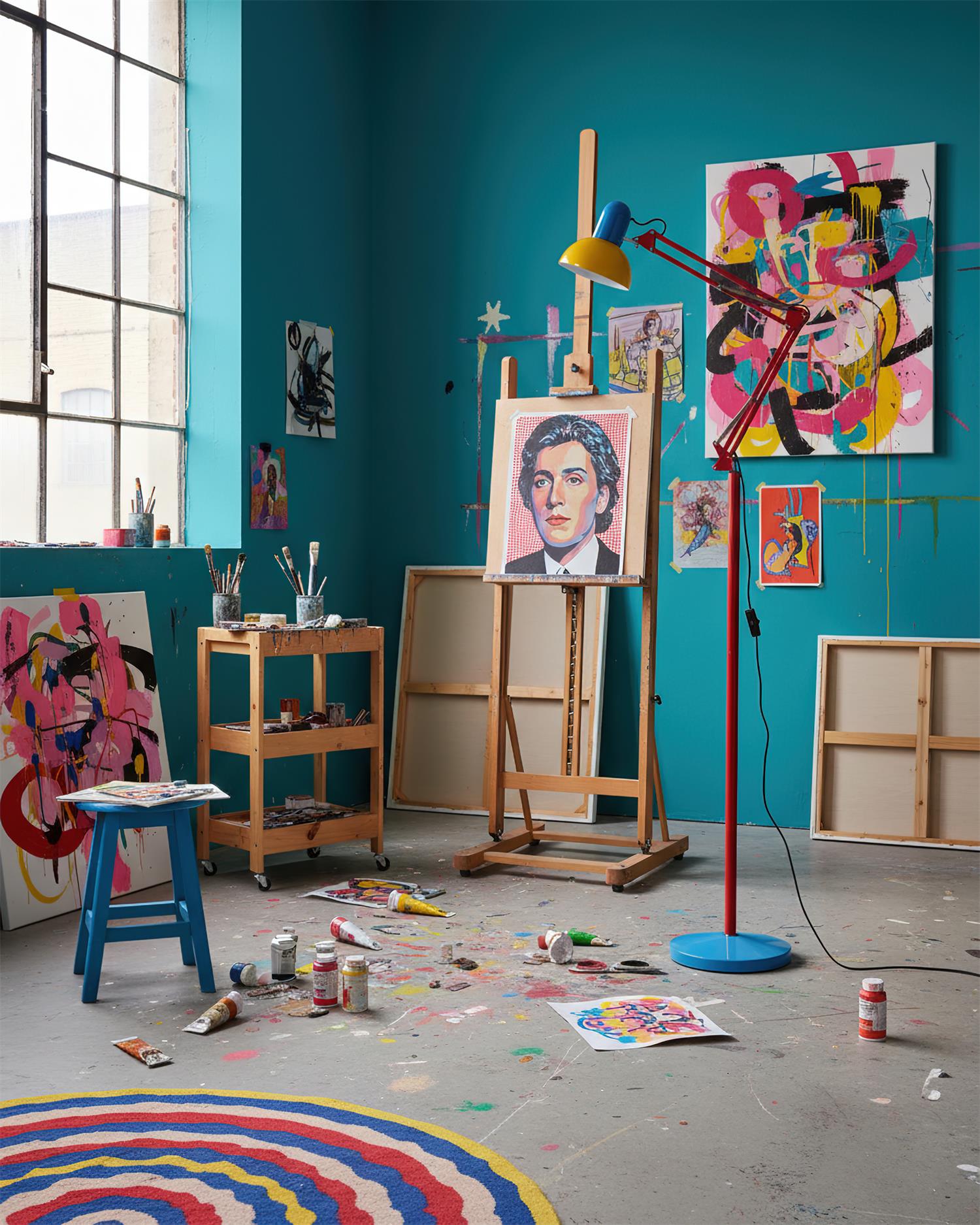 Adjustable floor lamp with a red arm, yellow shade and round blue base in an artist's studio beside an easel.