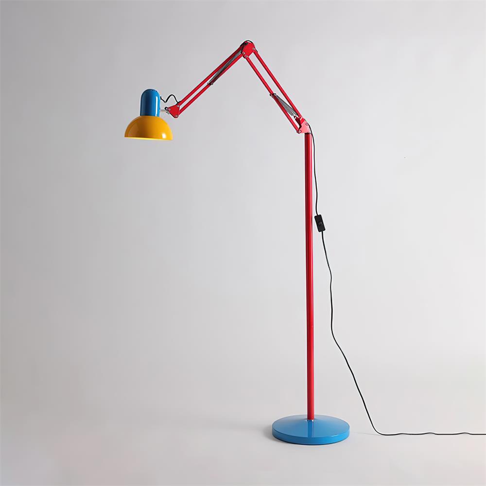 Adjustable floor lamp with a red arm, yellow shade and round blue base, shown on a plain background.