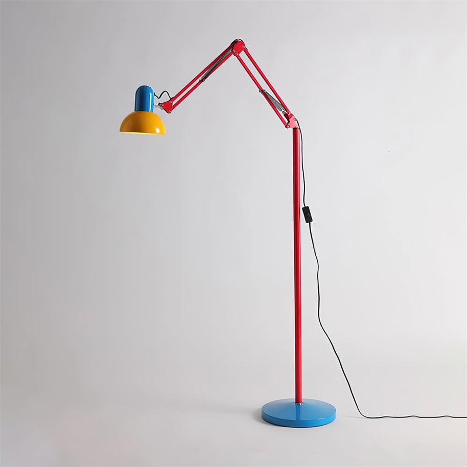 Adjustable floor lamp with a red arm, yellow shade and round blue base, shown on a plain background.