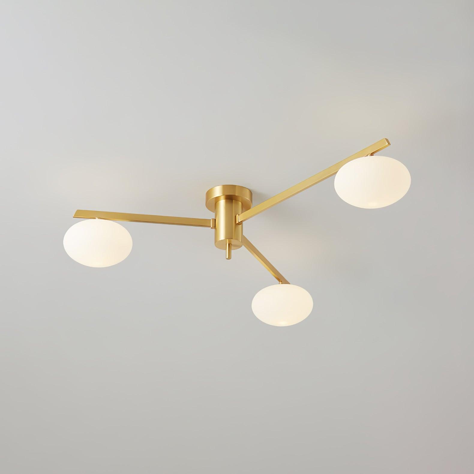 Jasper Ceiling Lamp, angled view of the three brass arms and white shades