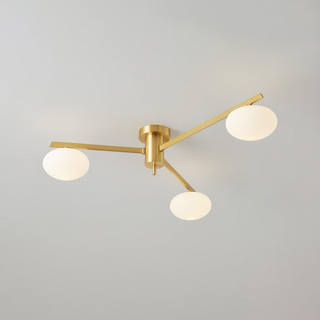 Jasper Ceiling Lamp, angled view of the three brass arms and white shades