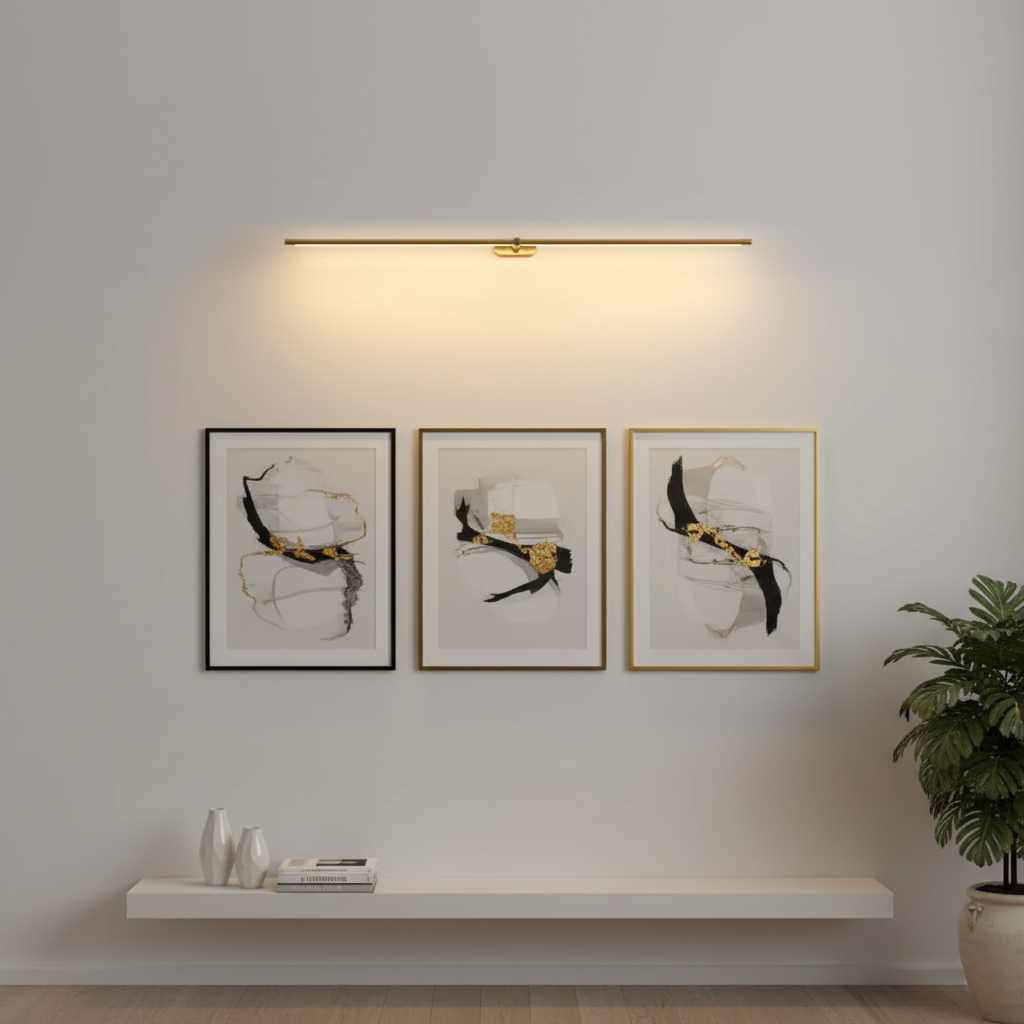 Kady Linear Rechargeable Version Wall Lamp in Gold lighting a gallery wall of three framed prints