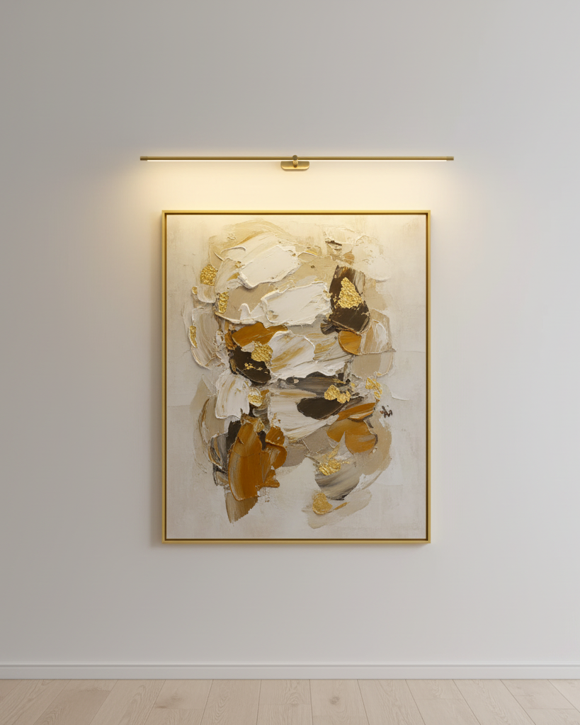 Kady Linear Rechargeable Version Wall Lamp in Gold mounted above a framed artwork