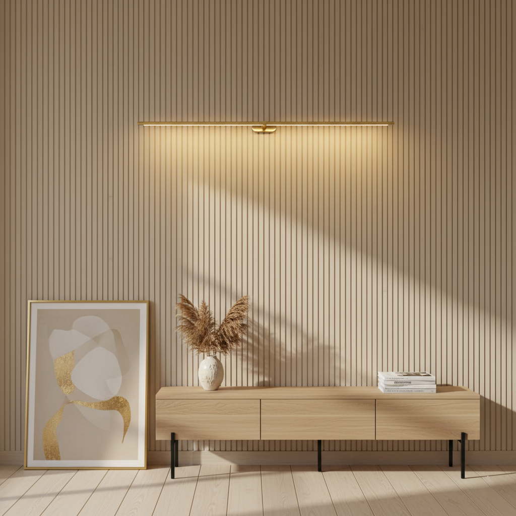 Kady Linear Rechargeable Version Wall Lamp in Gold on a slatted wood wall above a console