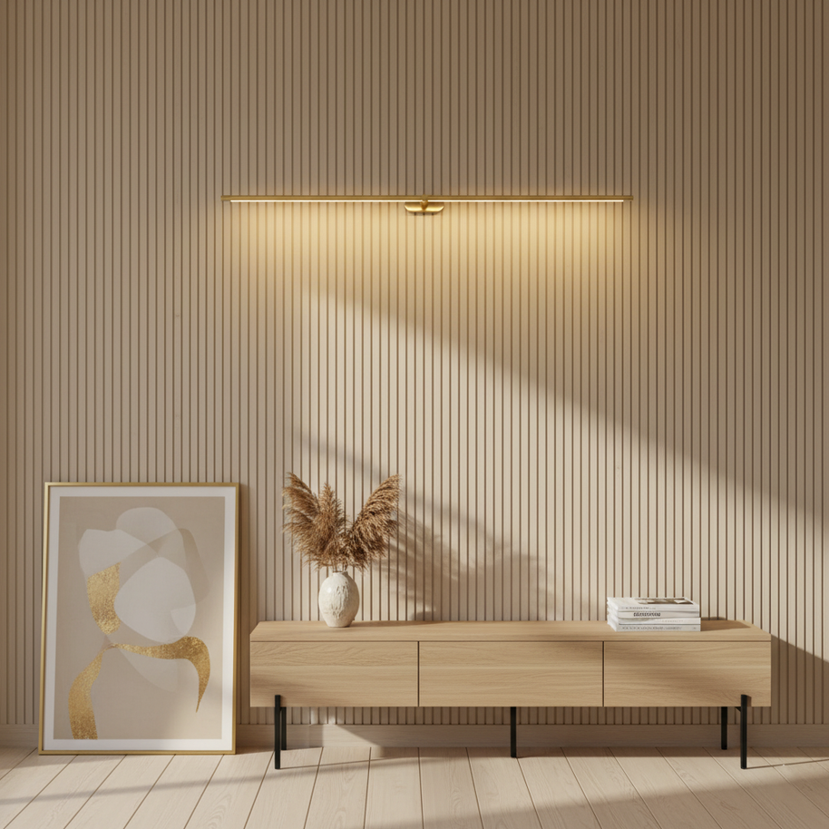 Kady Linear Rechargeable Version Wall Lamp in Gold on a slatted wood wall above a console