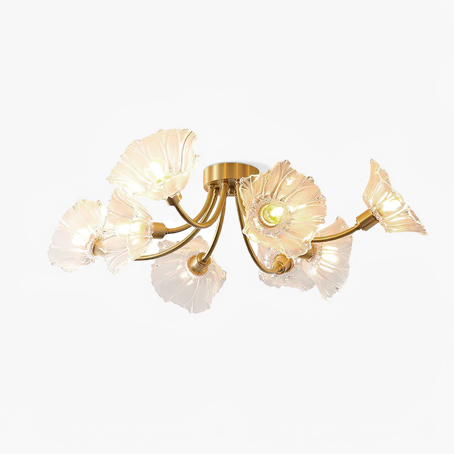 Flush-mount ceiling lamp with curved brass arms holding clear ribbed flower-shaped glass shades, unlit, on a white background.