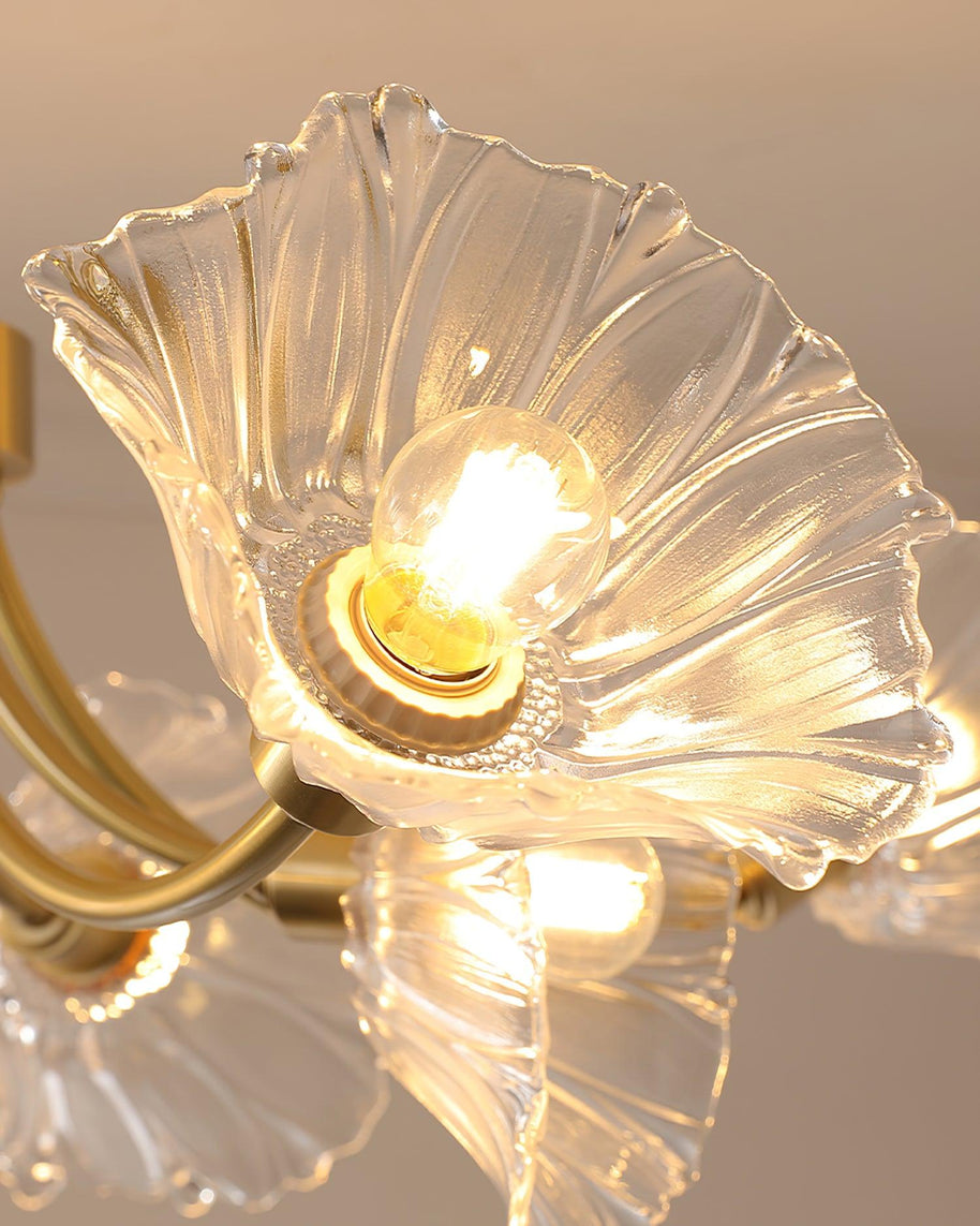 Close view of a lit bulb inside one clear flower-shaped shade.