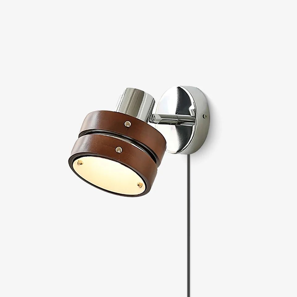 Karrivelle Wall Light, walnut and chrome spot sconce, lit