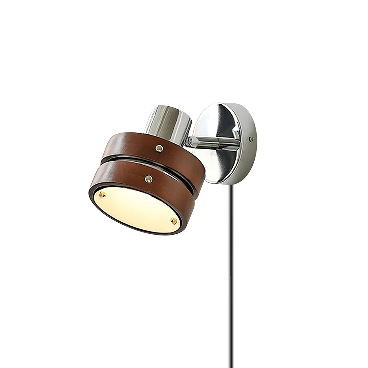 Karrivelle Wall Light, walnut wood bands with chrome swivel arm and backplate, lit