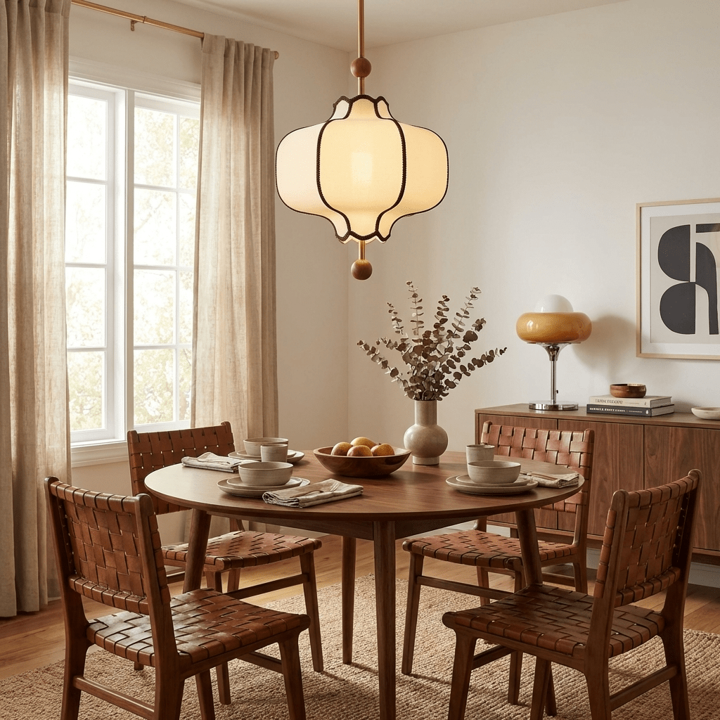 Lit white lantern pendant over a round wooden dining table with woven leather chairs.