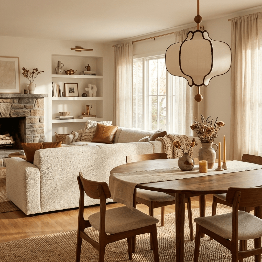 Lit white lantern pendant above a round dining table in an open-plan room with a stone fireplace.