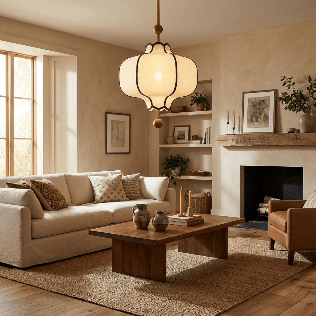 Lit white lantern pendant above a wooden coffee table in a warm plaster living room.