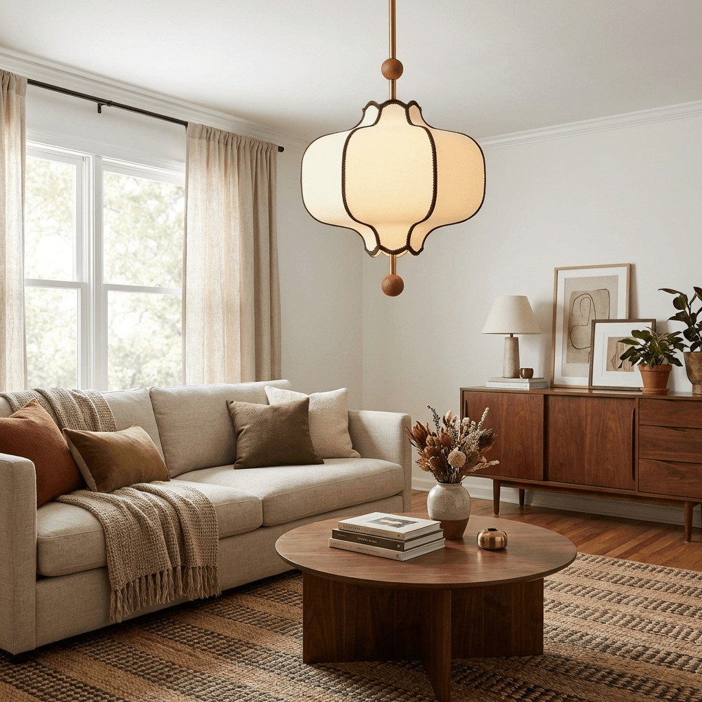Lit white lantern pendant above a round walnut coffee table in a bright living room.