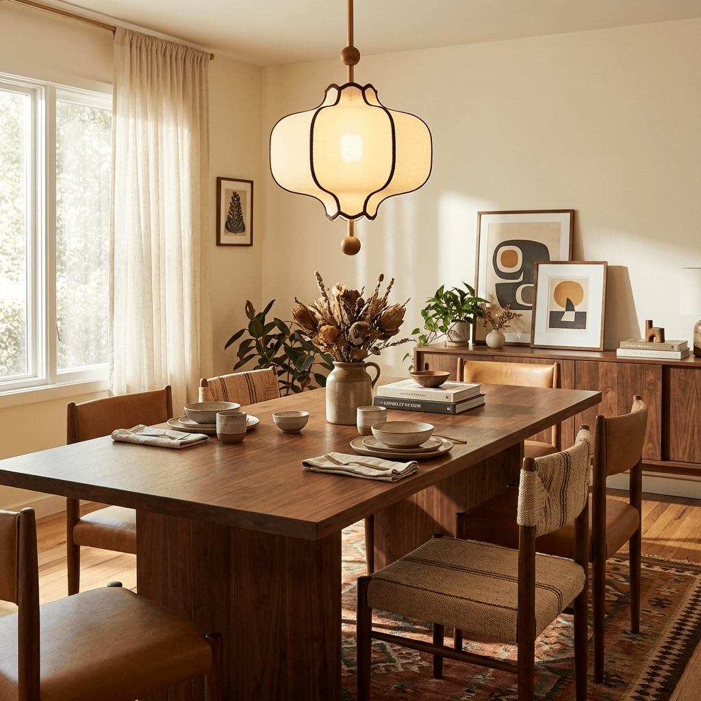 Lit white lantern pendant hanging over a walnut dining table set with stoneware bowls.