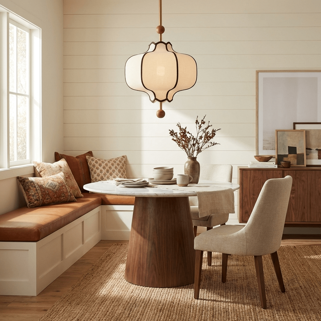 Lit white lantern pendant over a marble pedestal table in a shiplap breakfast nook.