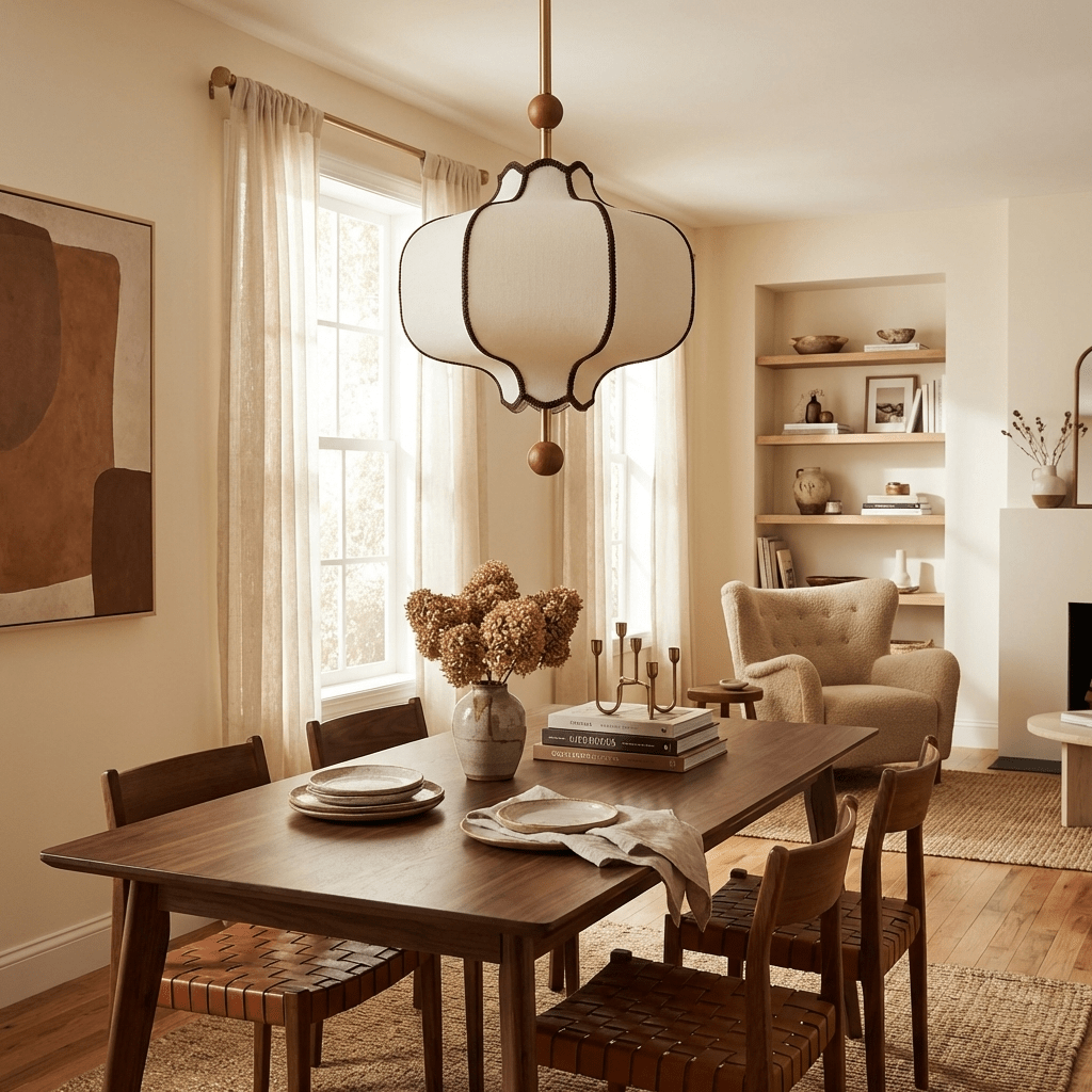 Lit white lantern pendant over a walnut dining table beside a large brown abstract canvas.