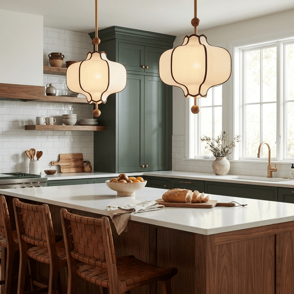 Two lit white lantern pendants over a marble kitchen island with dark green cabinets.