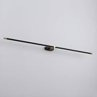 Black and gold slim linear LED wall light on an oval wall plate, three-quarter view showing the full bar length on a plain grey background