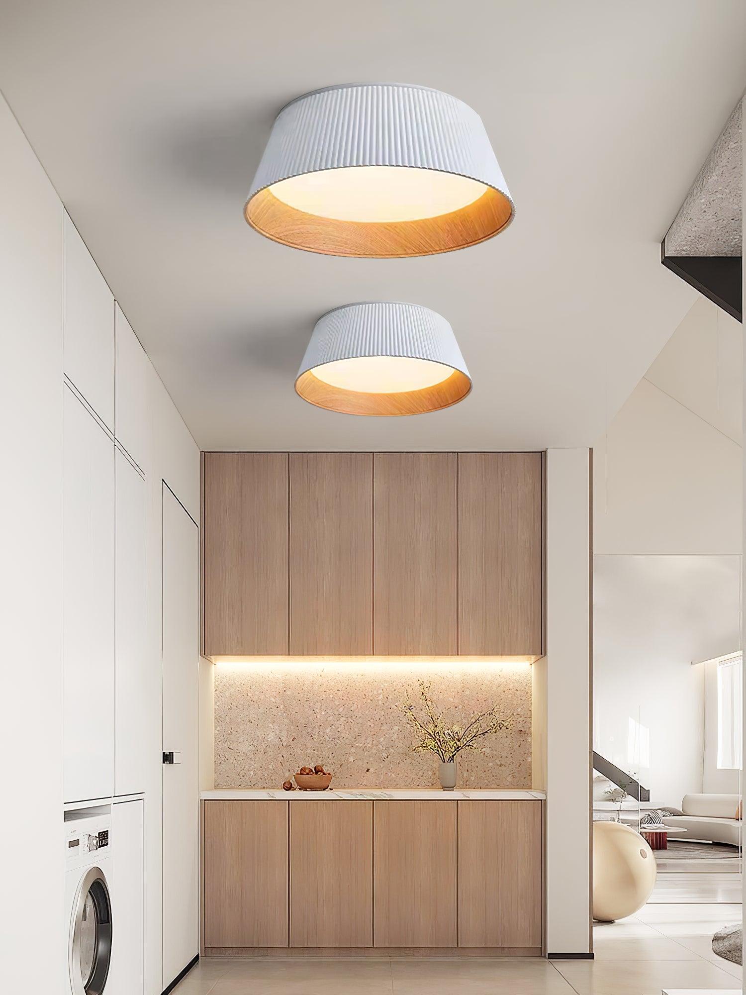 Two of the white ceiling lights fitted along a hallway ceiling.