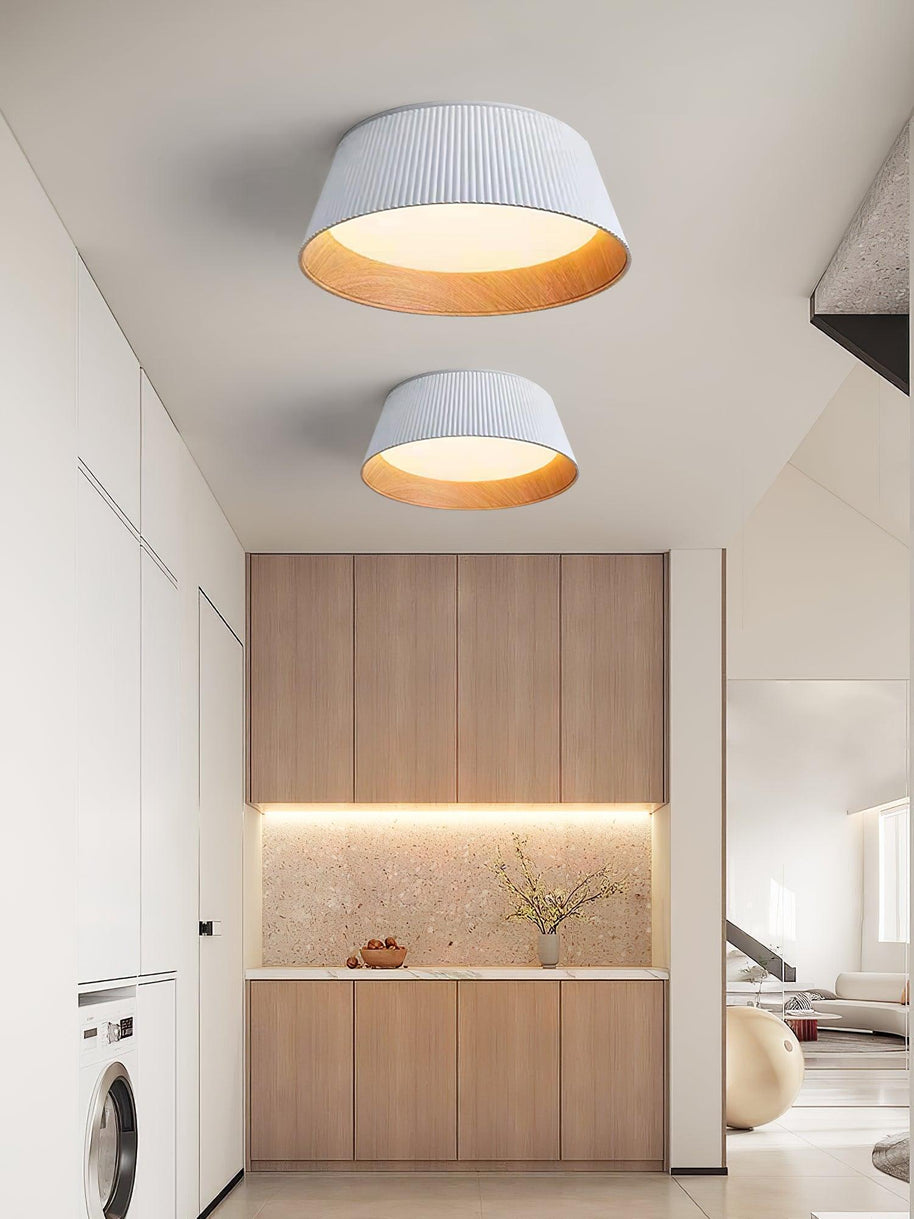 Two of the white ceiling lights fitted along a hallway ceiling.