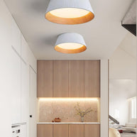 Two of the white ceiling lights fitted along a hallway ceiling.